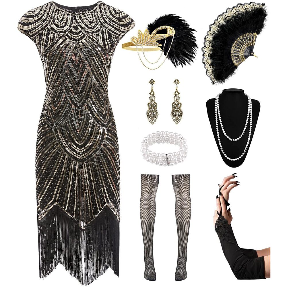 8751 Women's Flapper Dresses 1920s Sequin Fringe Beaded